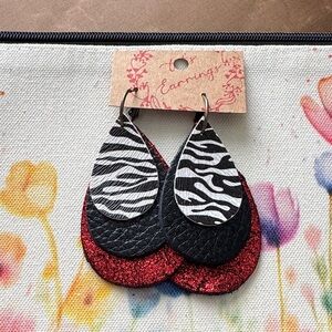 Elegant Zebra and Red Glitter Layered Earrings